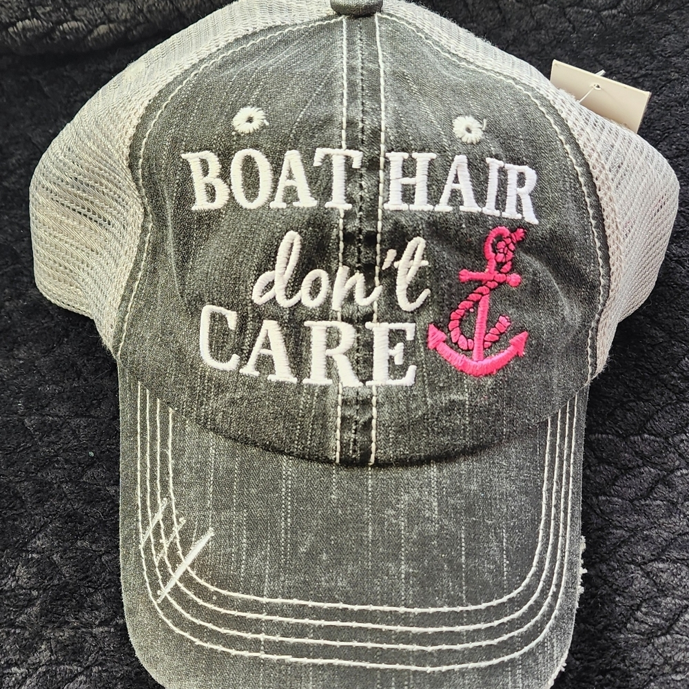 Boat Hair Don't Care Embroidered Trucker Hat - Charcoal & Pink NWT